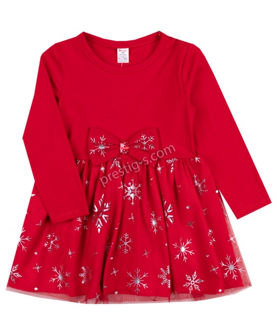 Коледна рокля с Панделка и тюл на снежинки в червено /86-128/ Коледна рокля с Панделка и тюл на снежинки в червено /86-128/
